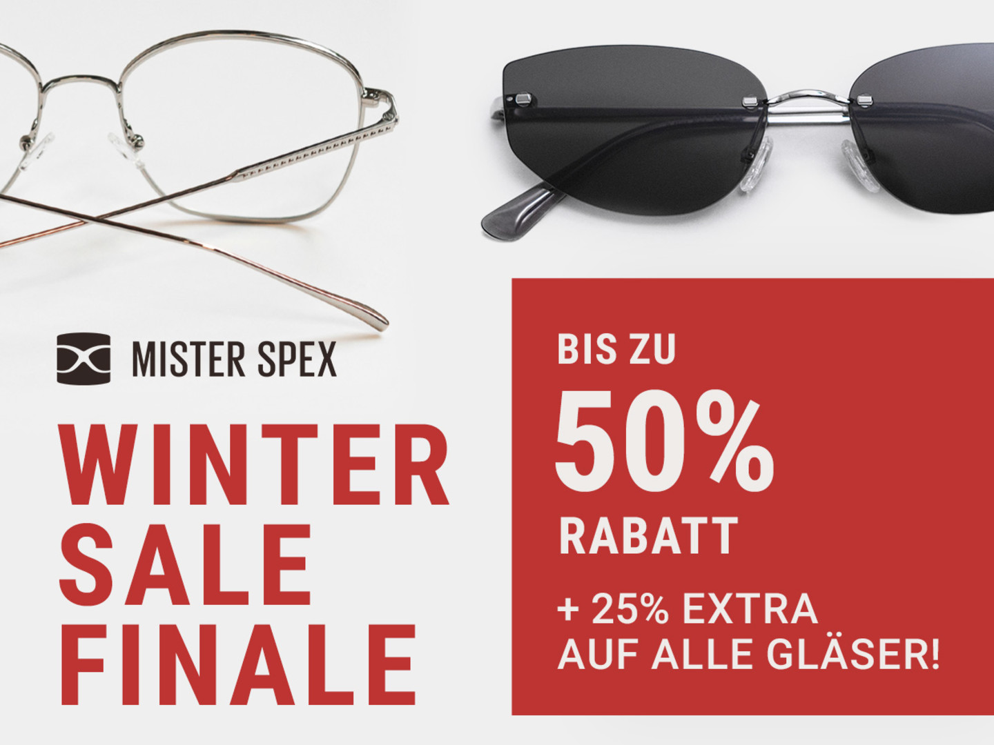 Eine filigrane Brille und eine dunkle Sonnenbrille liegen neben einem Hinweis auf das Winter‑Sale‑Finale mit bis zu 50 % Rabatt.